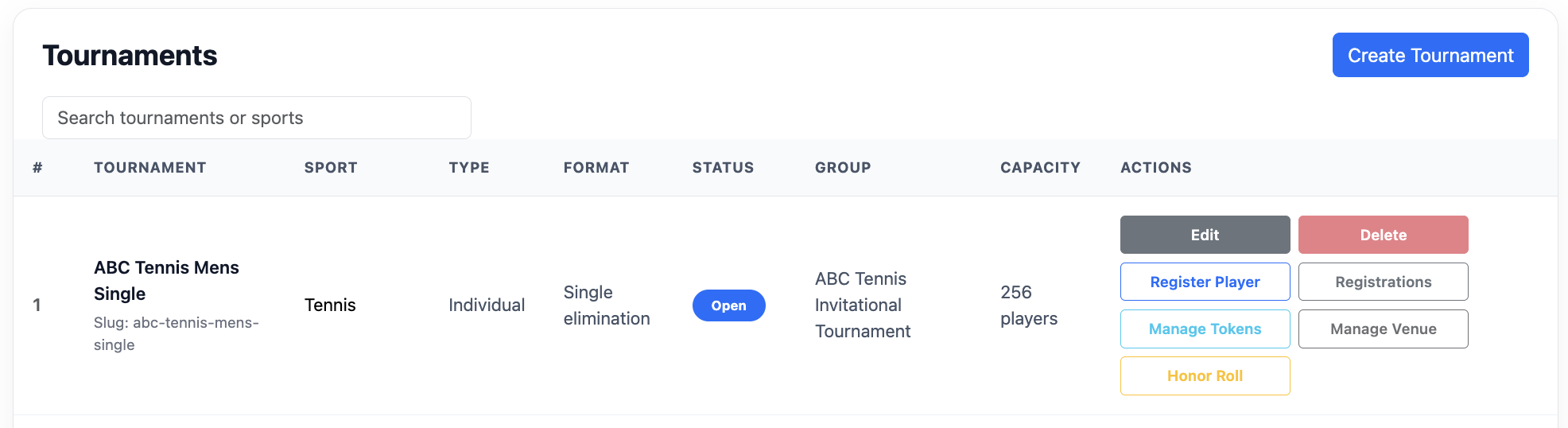 Tournaments list