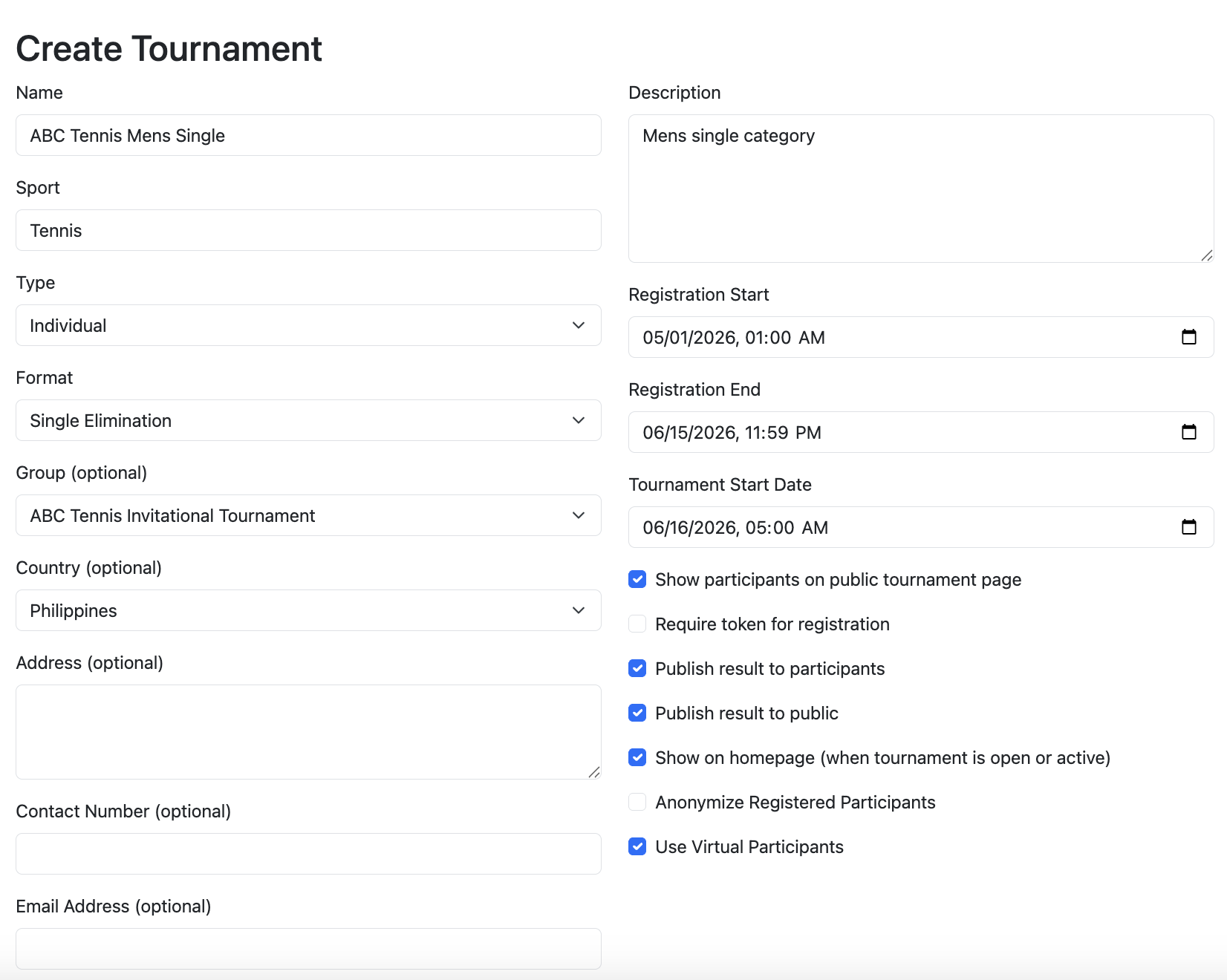 Create a tournament