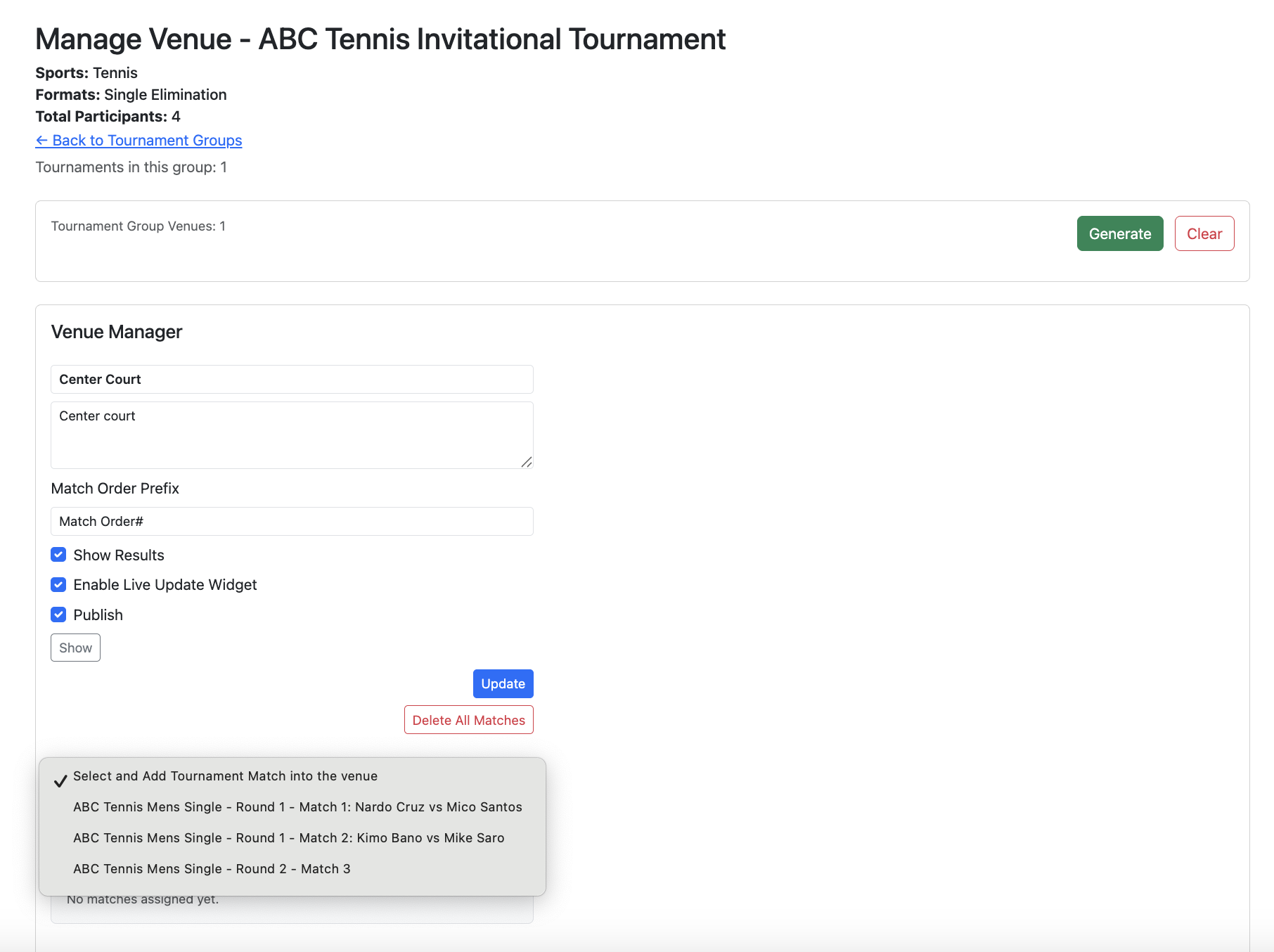 Tournament group venue add matches