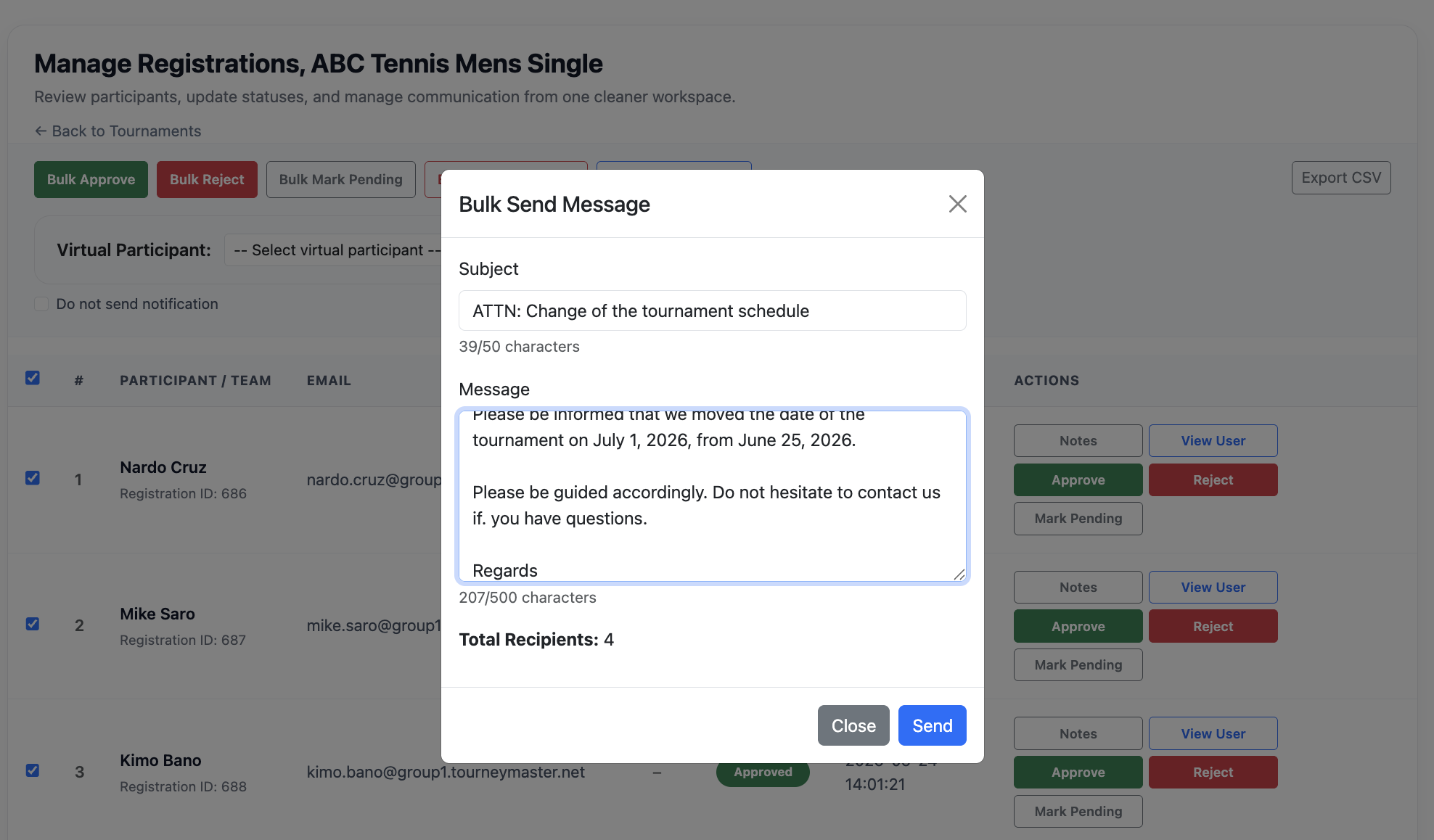 Tournament messaging