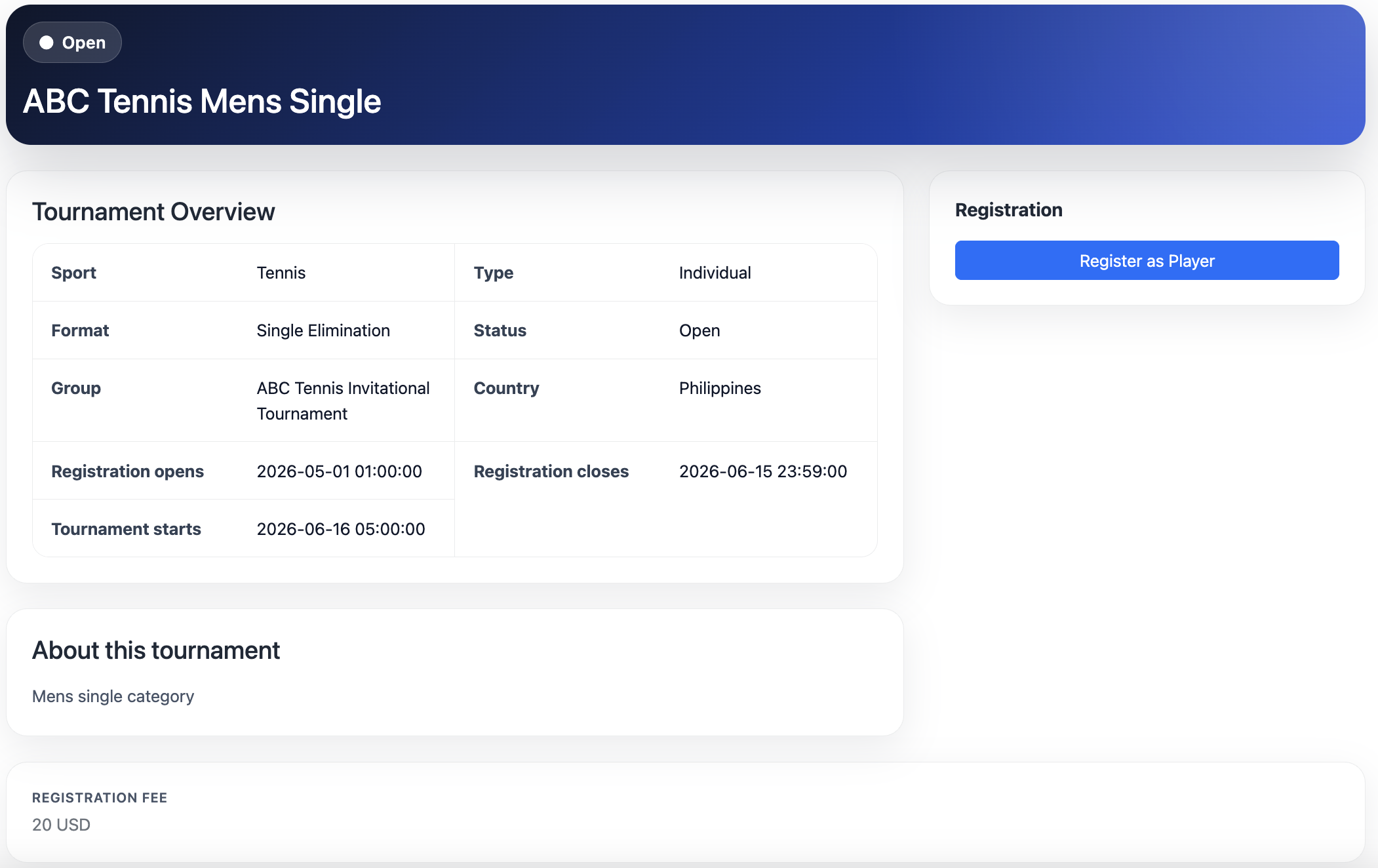 Tournament registration